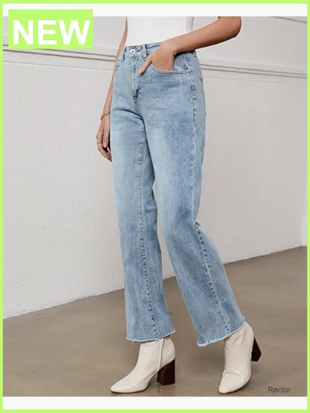 High Waisted Straight Leg Jeans Stretchy Frayed Hem Casual Denim Pants - Picture 2 of 7